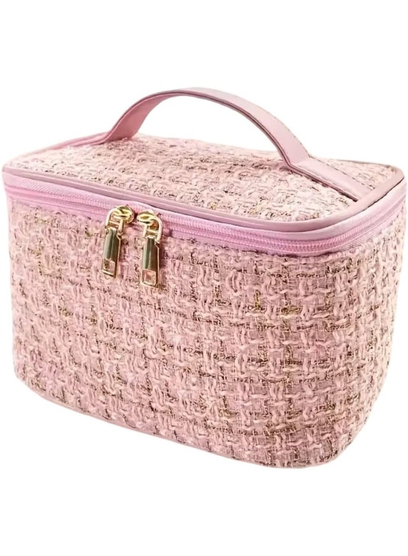 م اكس م حقيبة مكياج سفر كبيرة السعة بمقبض، منظم مستحضرات تجميل ولوازم استحمام من جلد البولي يوريثان المقاوم للماء للنساء (مزيج وردي صغير) - Image 4